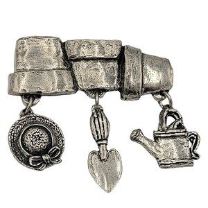 Sheridan Silvertone Pewter Gardening Theme Brooch Hat Trowel Watering Can Charms